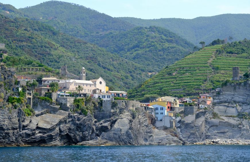 Seaside village with terraced vineyards in the background