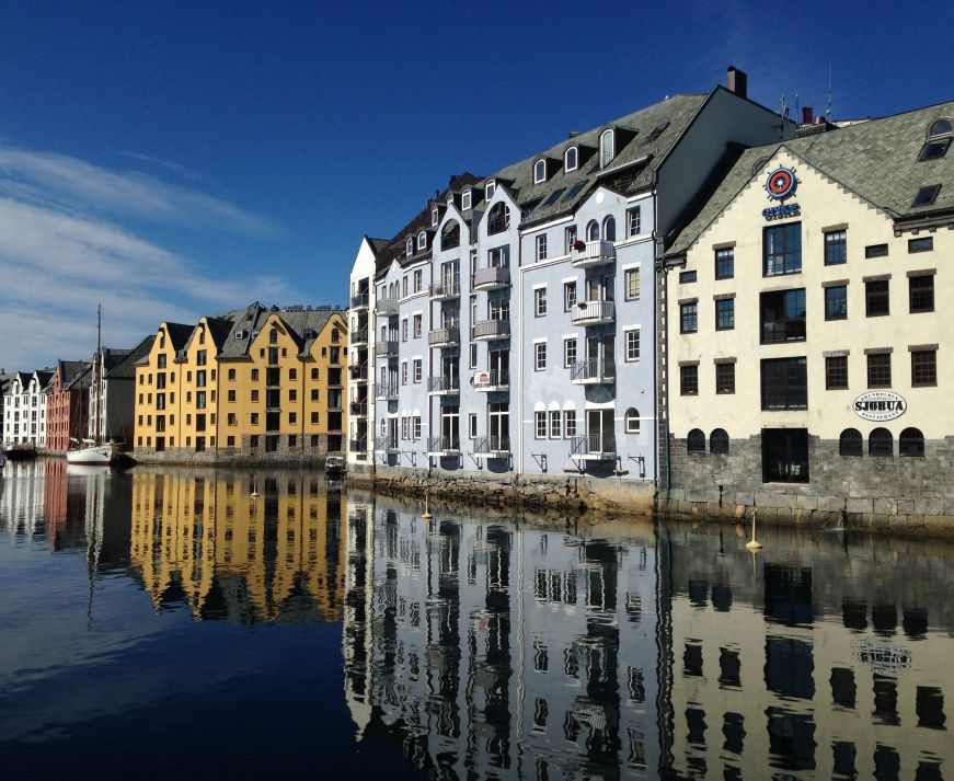 Colorful warehouses in Alesund harbor