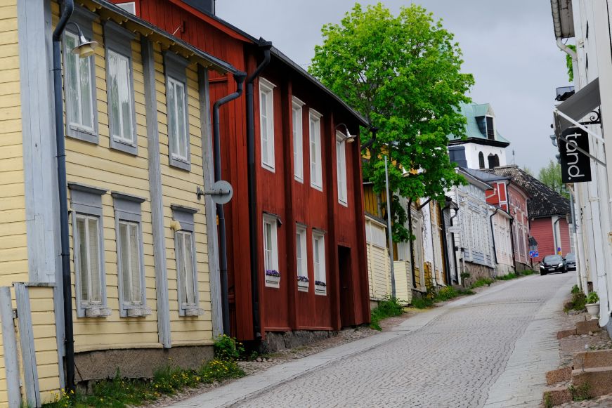 Street lined with colorful wooden houses