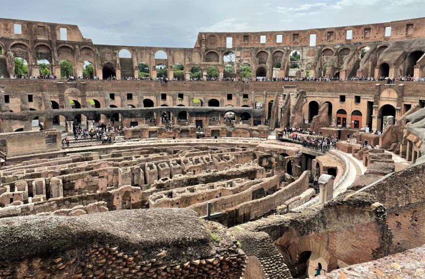 Interior of Colosseum with views of elevator shafts below floor