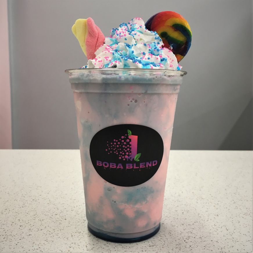 Pink and blue drink topped with whipped cream, colored sugar, and candy, Boba Blend, Kansas City, Kansas