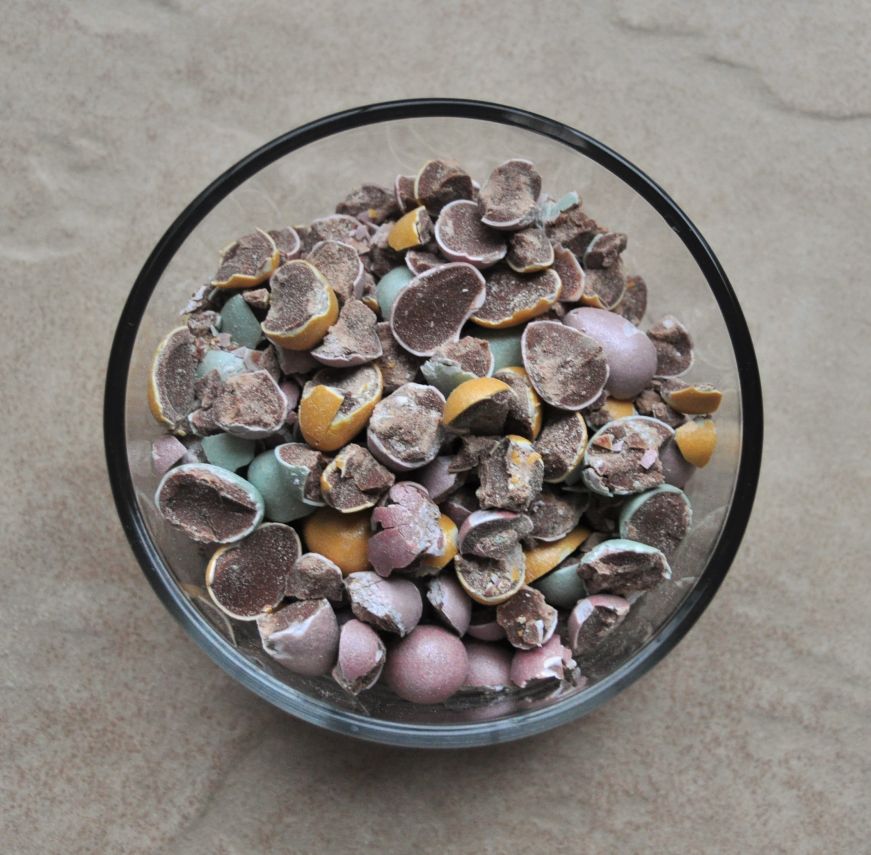 Glass bowl filled with crushed Cadbury mini eggs