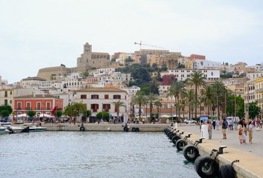 Walled city rising over a marina