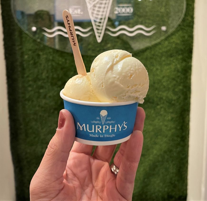 Dingle sea salt ice cream, Murphy's Small blue cup with two scoops of ice cream