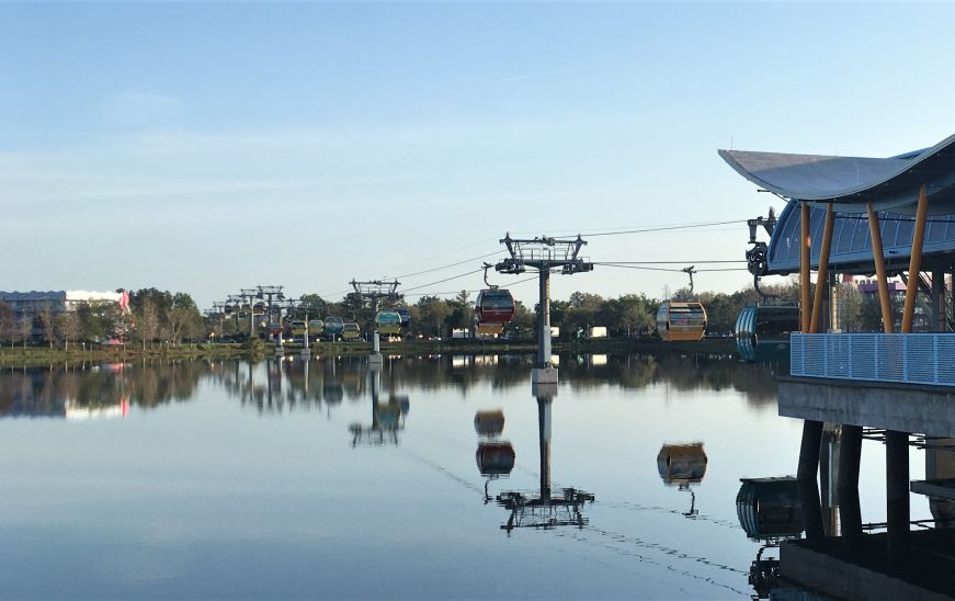 Gondola cars over lake, Disney Skyliner, Art of Animation Resort