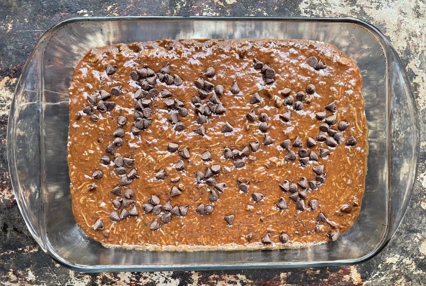 Chocolate cake batter in a glass dish