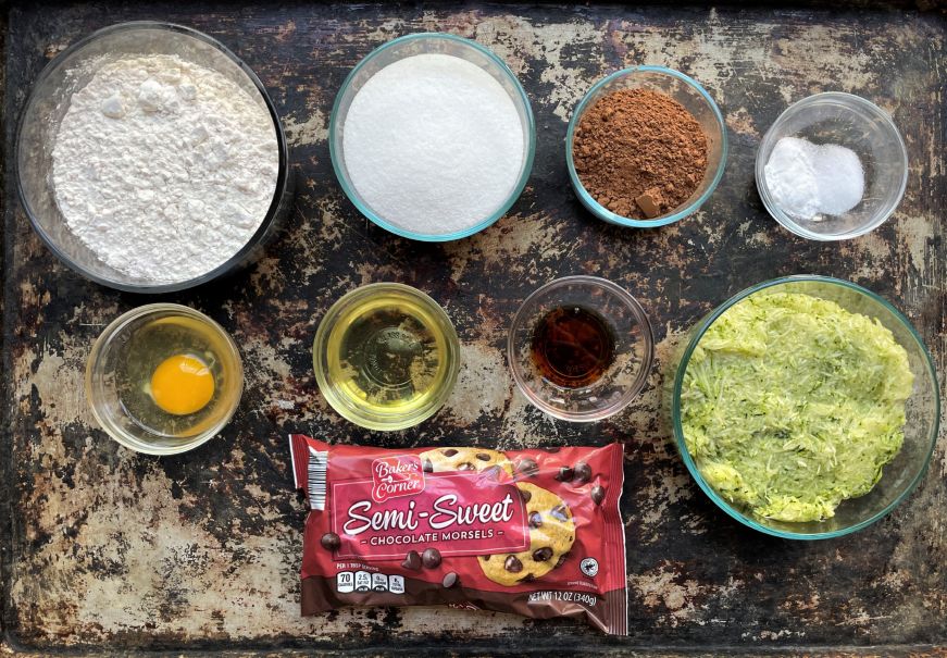 Baking ingredients arranged on a large baking sheet