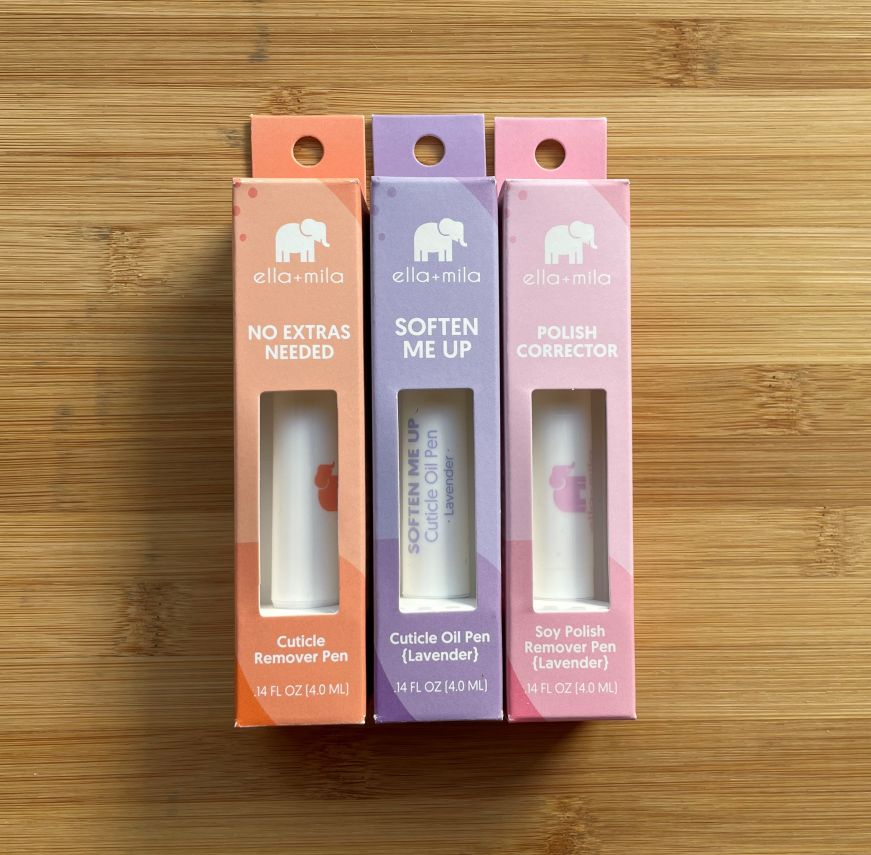 Ella + Mila Cure, Care, and Correct Trio Plastic cuticle remover pen, cuticle oil pen, and polish remover pen