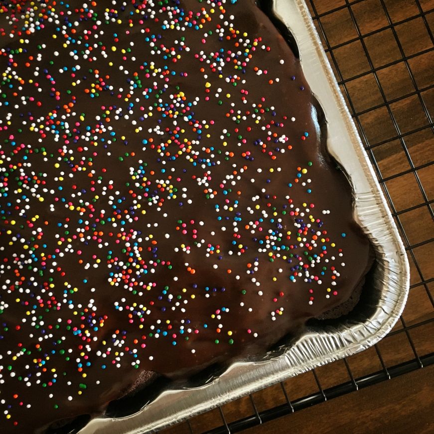 Square chocolate cake topped with sprinkles