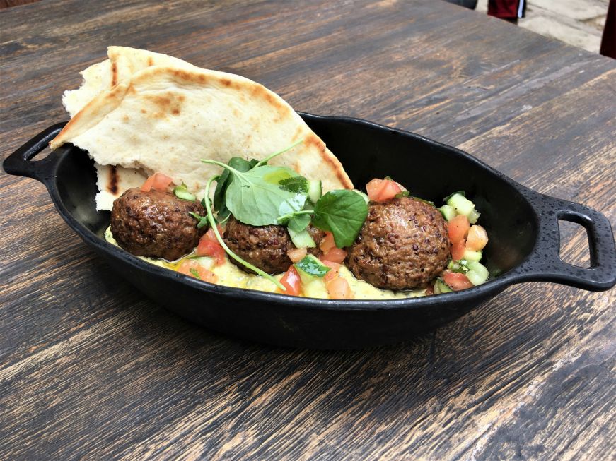 Hummus with plant-based meatballs and pita, Docking Bay 7, Galaxy's Edge, Disney's Hollywood Studios