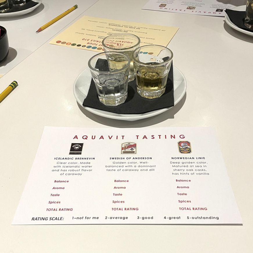 Aquavit tasting at the American Swedish Institute Three shot glasses of aquavit and a tasting sheet handout