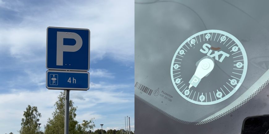 Finnish parking sign and clock on a windshield