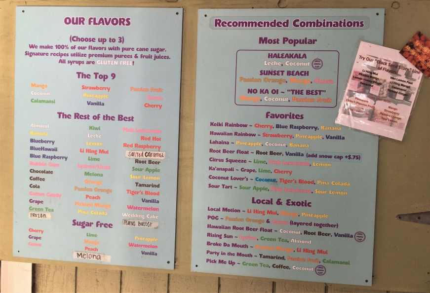 Menu board listing syrup flavors and flavor combinations at Ululani's Hawaiian Shave Ice, Kihei, Hawaii