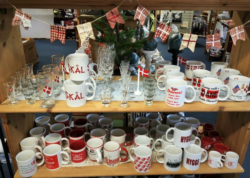 Danish-themed mugs at the Danish Windmill gift shop, Elk Horn, Iowa