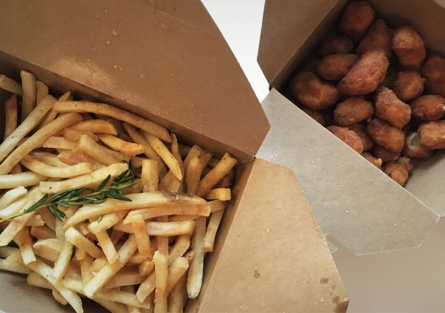 Rosemary-salted fries and cheese curds, Gray Duck Tavern Takeout boxes of rosemary-salted fries and cheese curds