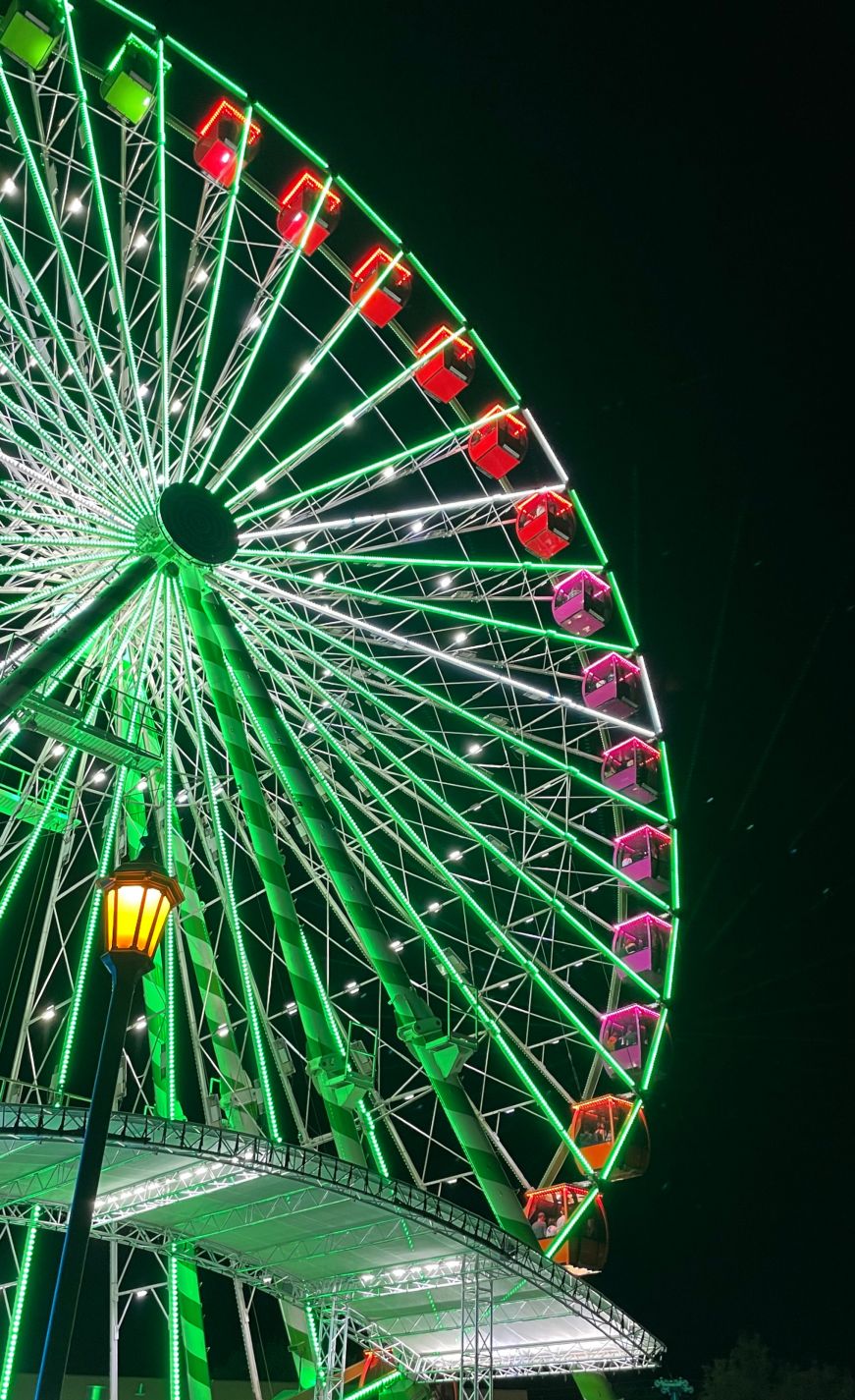 Ferris wheel lit up with various colors at night