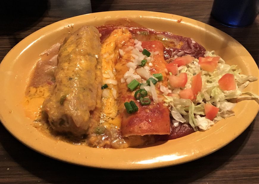 Green corn tamale and cheese enchilada, Rosita's Fine Mexican Food Green corn tamale and cheese enchilada, Rosita's Fine Mexican Food