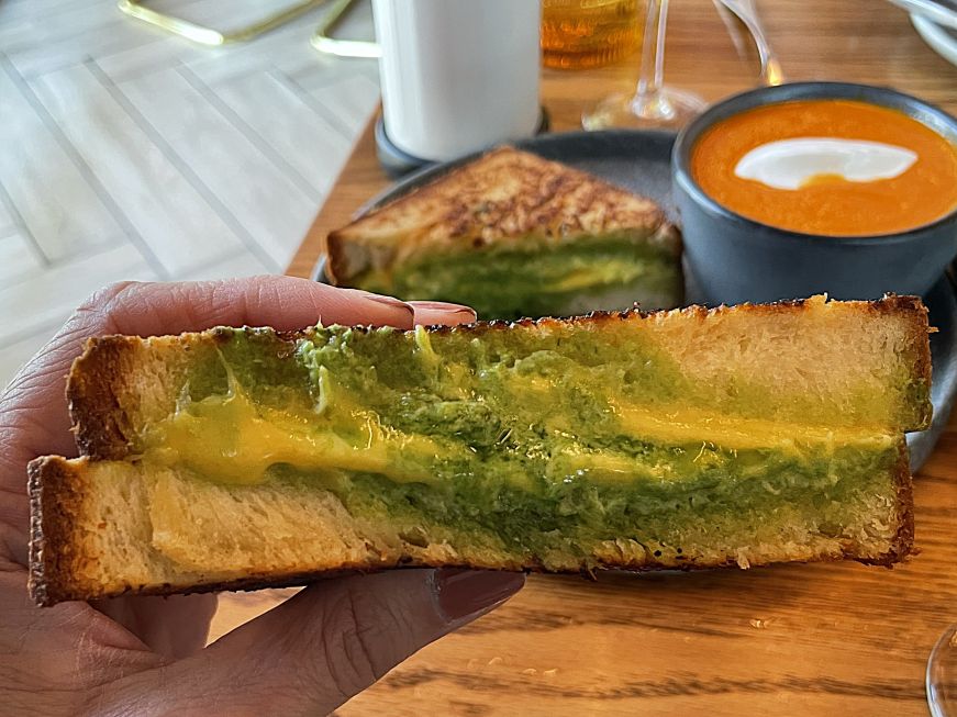 Cross section of a grilled cheese and ramp sandwich