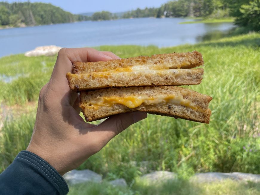 Hand holding a grilled cheese sandwich with a body of water in the background