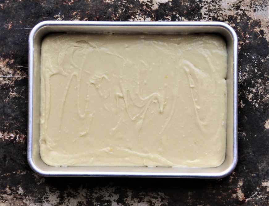 Rectangular pan filled with batter