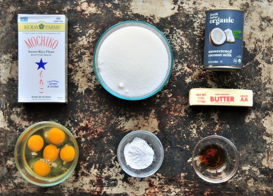 Hawaiian Butter Mochi ingredients arranged on sheet pan