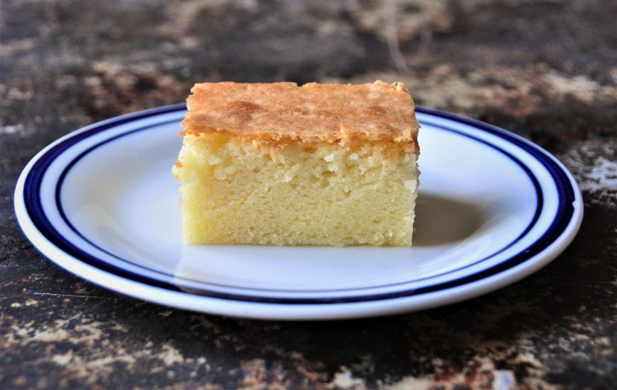 Slice of Hawaiian butter mochi on a plate 