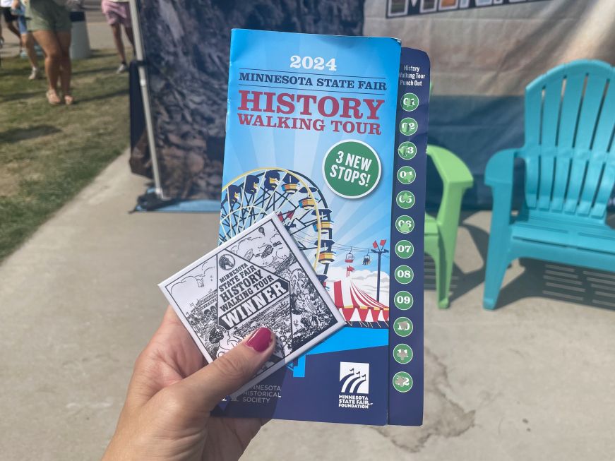 Minnesota State Fair History Walking Tour 2024 brochure and prize button