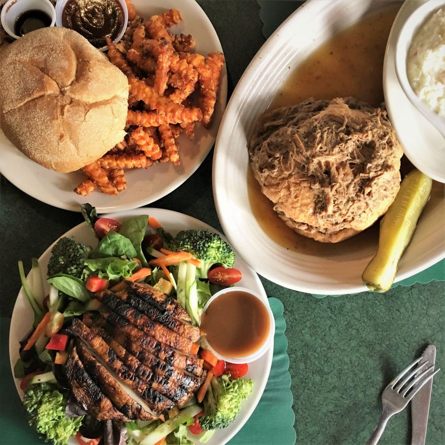 Portobello mushroom salad, Kalua pig sandwich, and hot beef, TG's Restaurant & Pub, Kenosha