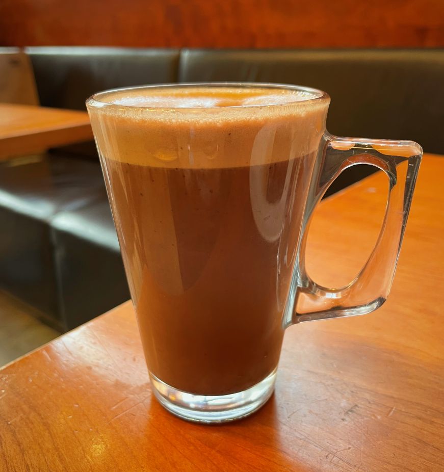 Hot chocolate, Butler's Chocolate Cafe Glass mug filled with hot chocolate