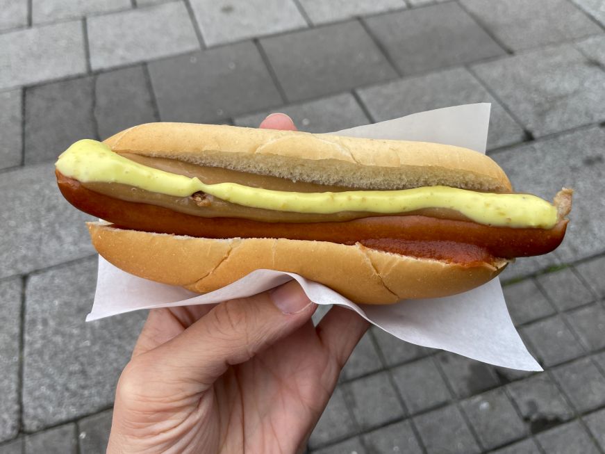 Hot dog with ketchup, mustard, mayo and fried onions