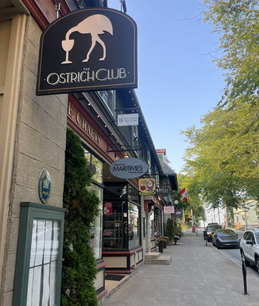 The Ostrich Club sign with a row of shops in the background