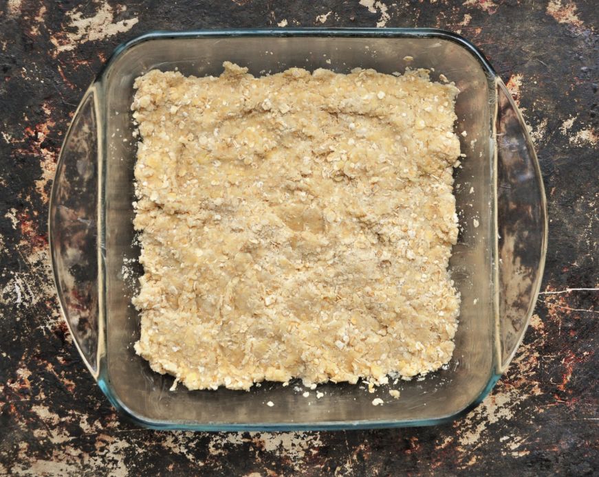 Bottom layer of Icelandic Happy Marriage Cake in a glass dish