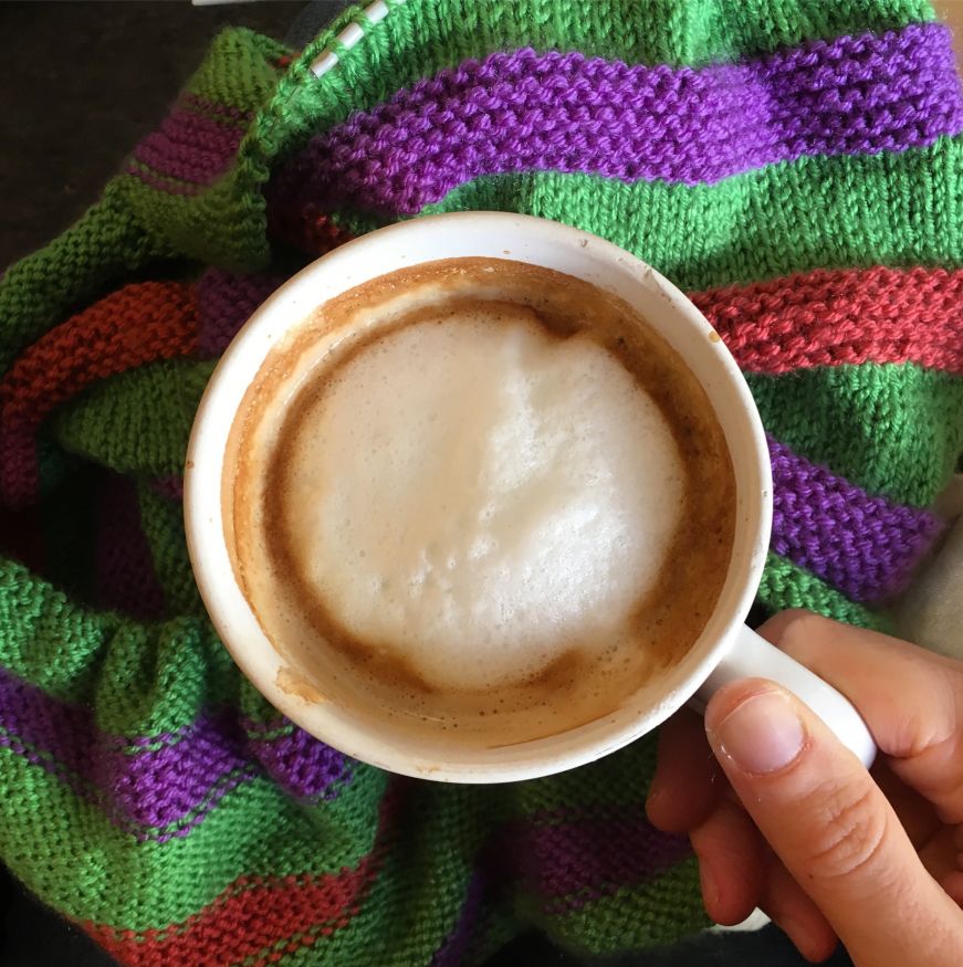 Precision Grind cappuccino and knitting Precision Grind cappuccino and knitting