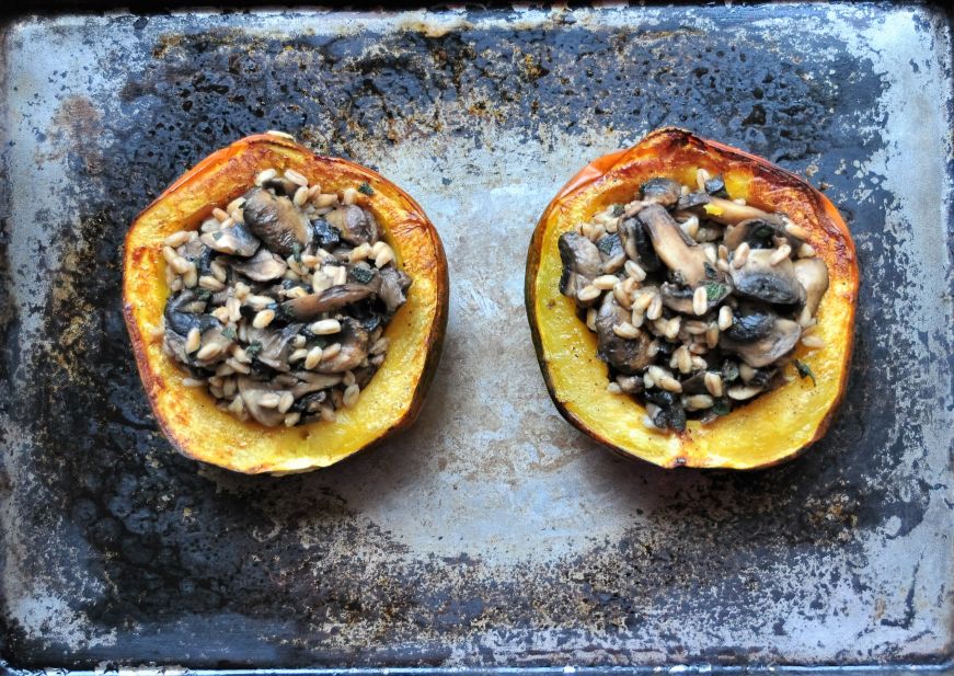 Acorn Squash Stuffed with Farro, Mushrooms, and Sage 