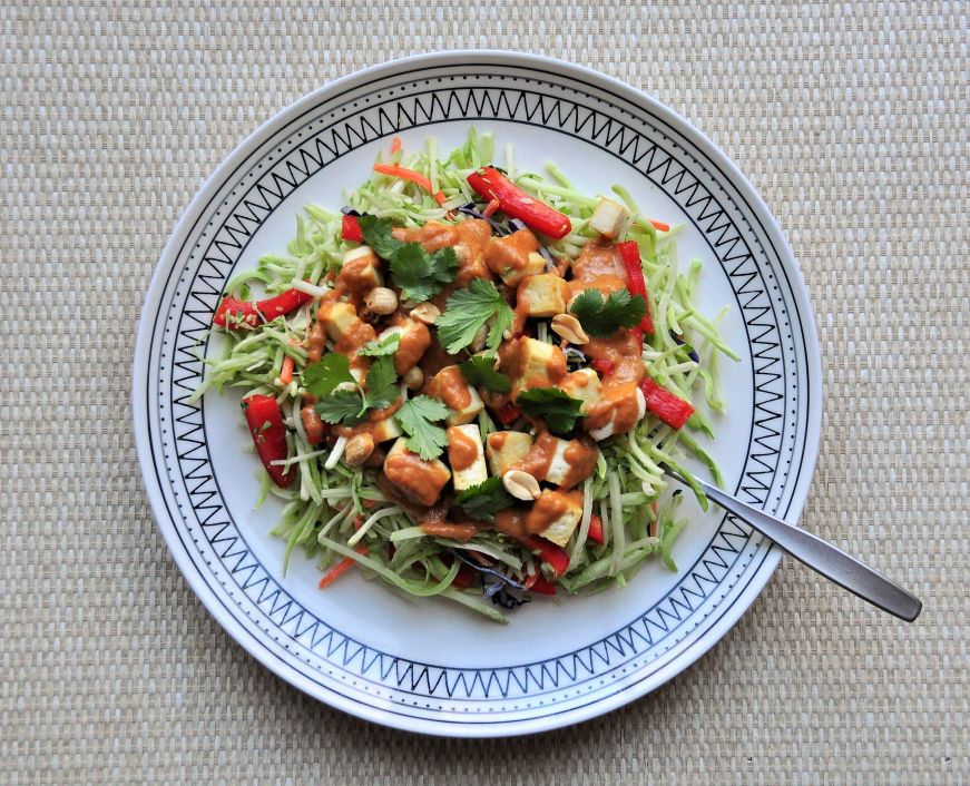 Broccoli Slaw Salad with Baked Tofu and Peanut Dressing