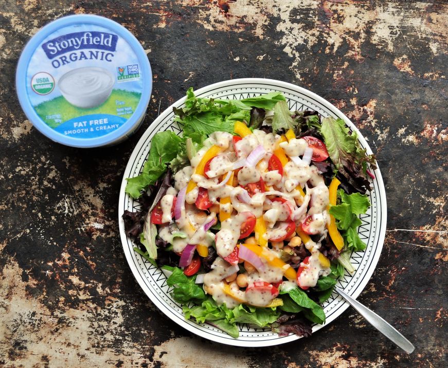 Chickpea and Summer Vegetable Salad with Yogurt Honey Mustard Dressing