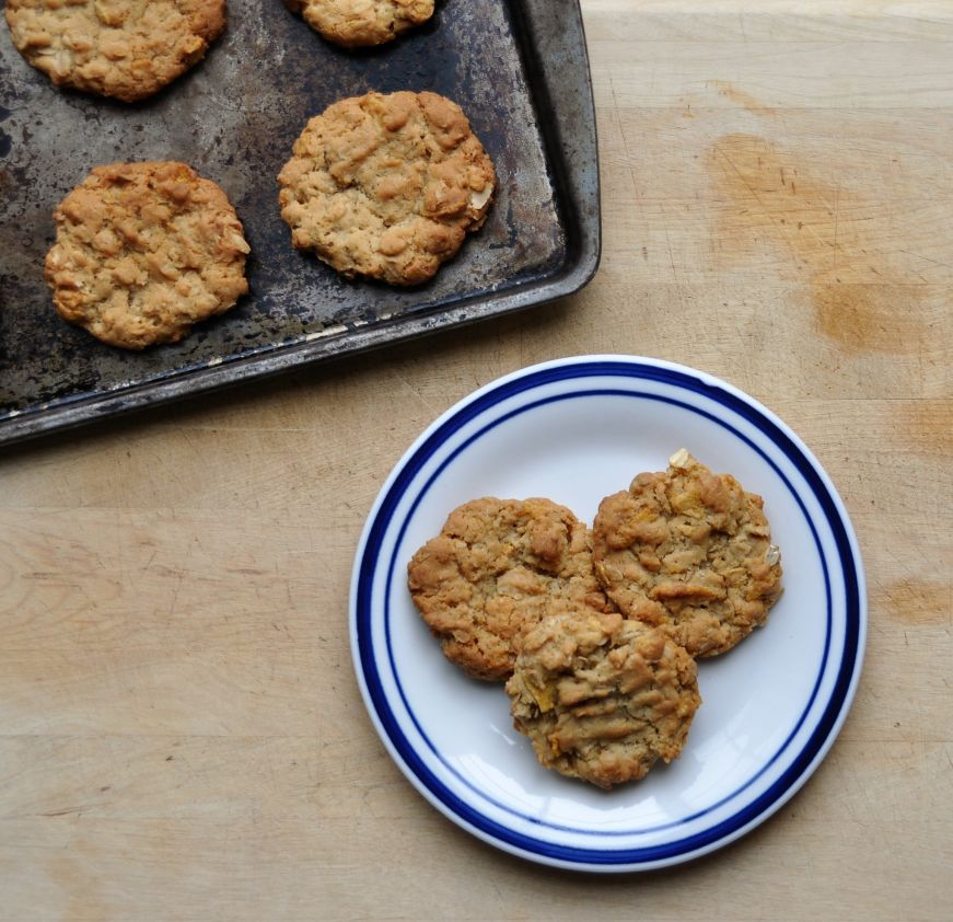 Oatmeal Cornflake Cookies on Plate and Baking Sheet