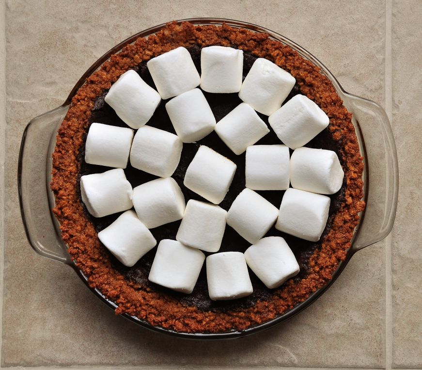 S'mores Brownie Pie with Cereal Crust Before Broiling