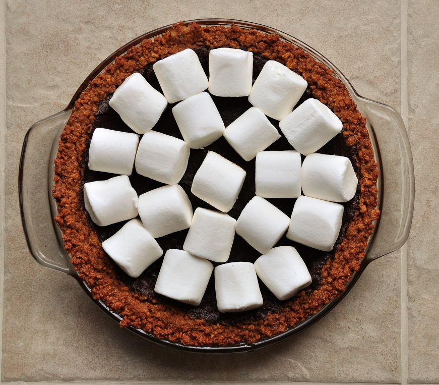 S'mores Brownie Pie with Cereal Crust Before Broiling