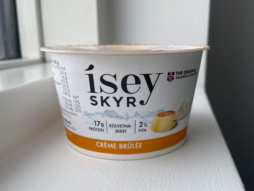 Individual-sized cup of Isey Skyr Creme Brulee