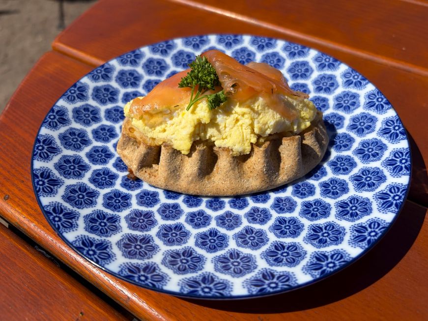 Karelian pasty topped with egg butter and smoked salmon