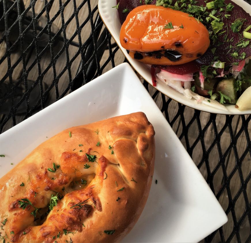 Cheese-filled bread and plate pickled vegetables