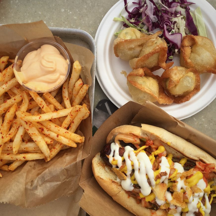 Korean chili fries, cream cheese wontons, and bacon wrapped hot dog, The Lexington, St. Paul Korean chili fries, cream cheese wontons, and bacon wrapped hot dog, The Lexington, St. Paul