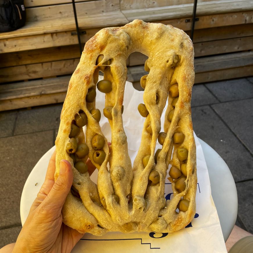 Fougasse aux olives, Boulangerie Caviste, Montreal Palm-shaped bread studded with olives