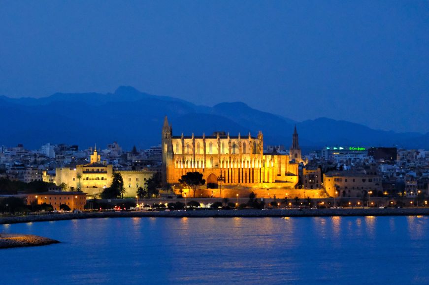 Illuminated cathedral at night