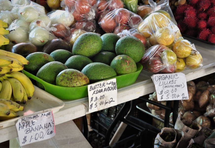 Pile of avocados on a table at Hilo Farmers Market