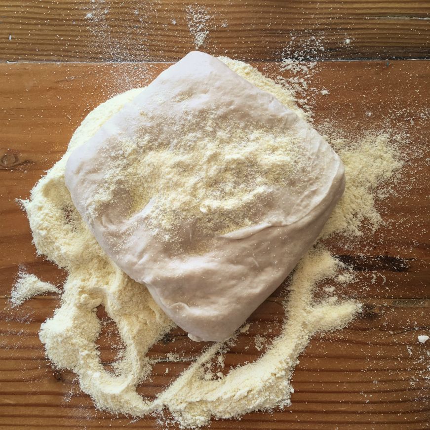 Lump of dough on table at 1889 Pizza Napoletana, Kansas City, Kansas