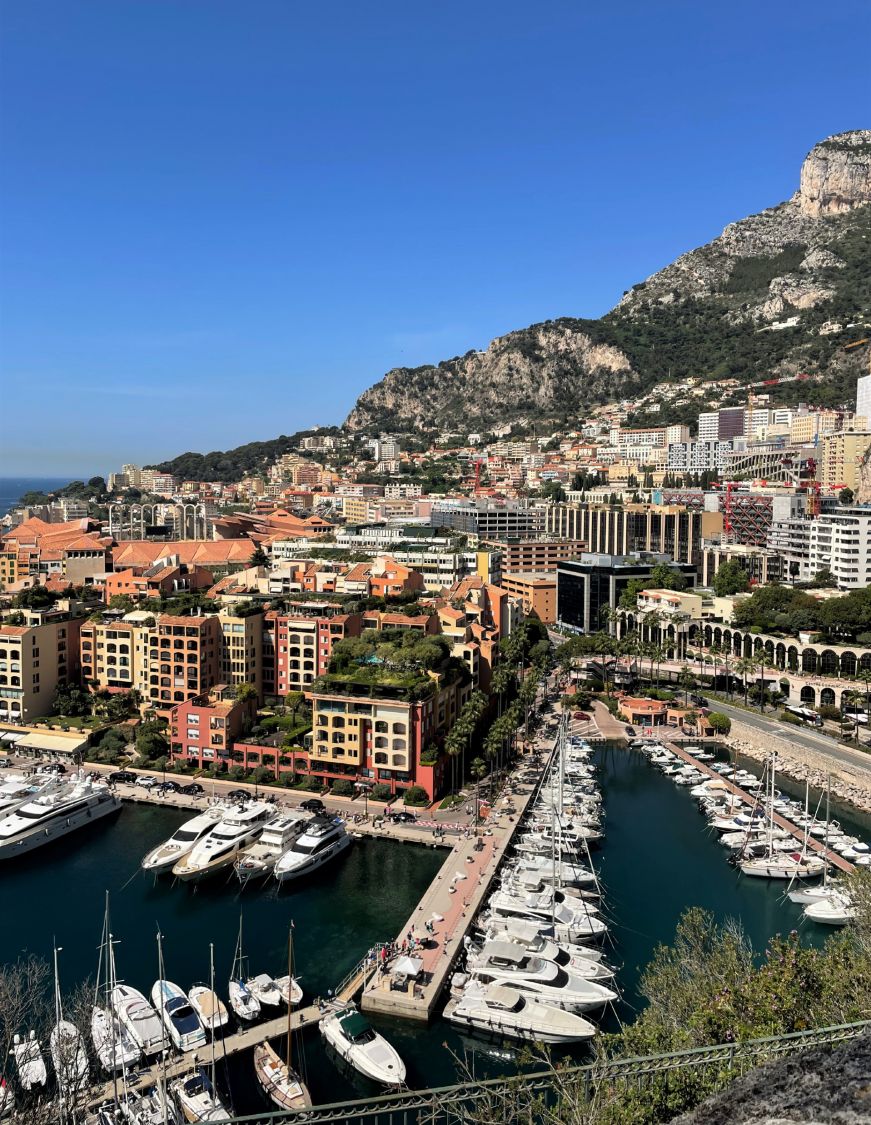 Port of Fontvieille, Monaco Steep hillside with high rise buildings and a harbor at the bottom