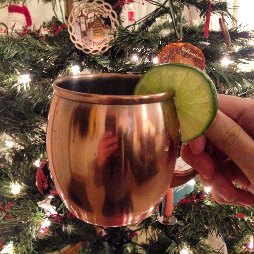 Moscow Mule in front of the Christmas tree