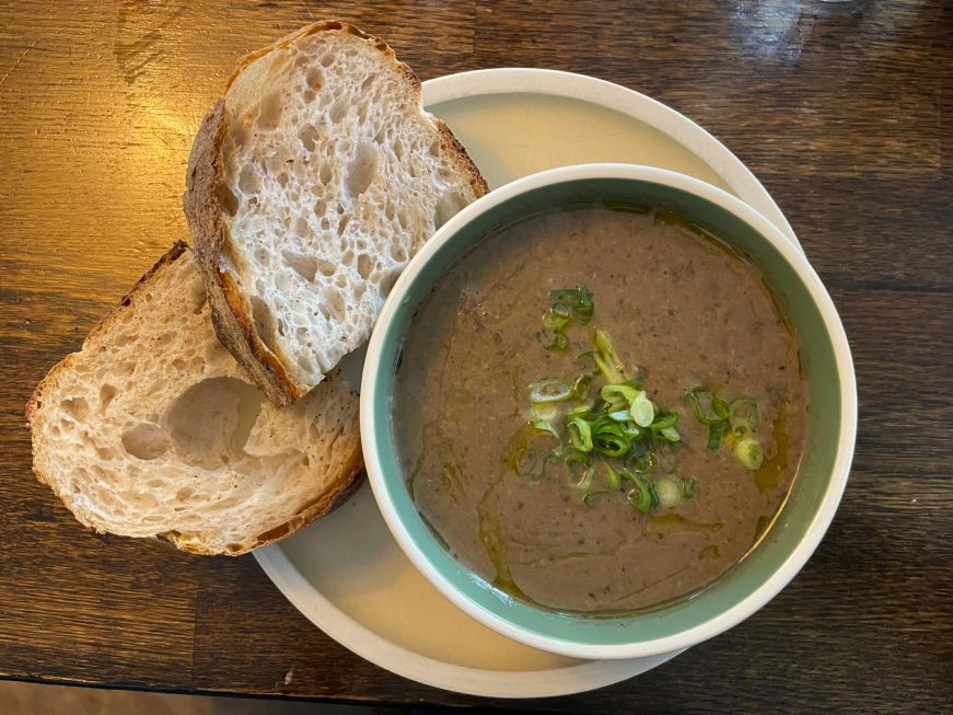 Mushroom soup and sourdough bread, BakaBaka Two slices of sourdough bread and a bowl of mushroom soup